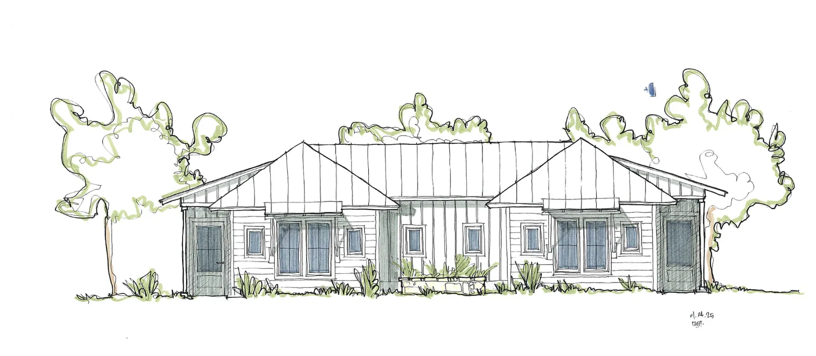 Architect's sketch of a proposed new cottage duplex — two front doors under standing-seam roofs, framed by trees